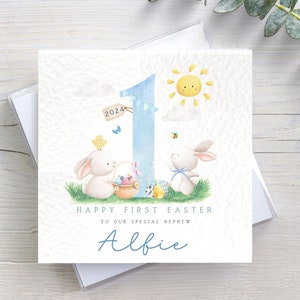 Personalised Baby Boy 1st First Easter Card For Grandson Son Nephew Godson, Baby First 1st Easter Card For Baby Boy, Cute Bunny Easter Card