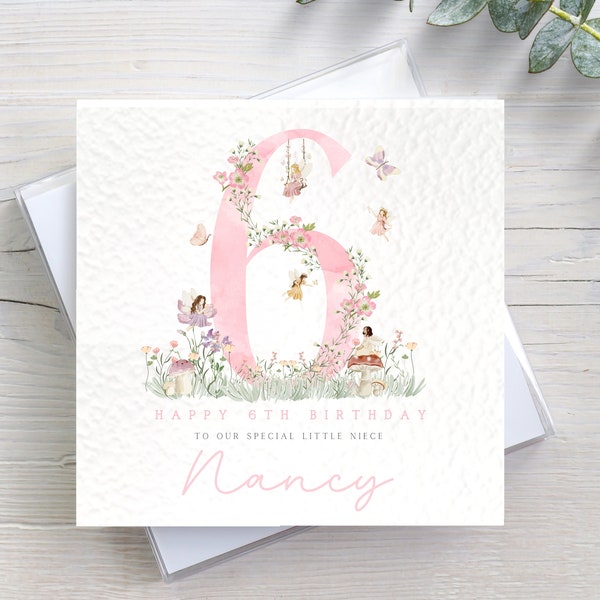 Personalised Flower Fairy 6th Birthday Card for girl Daughter Granddaughter Sister Niece Goddaughter Fairy Flower age 6 6th birthday card