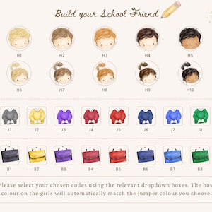 May include: A customization chart titled Build your School Friend featuring ten illustrated heads labeled H1-H10, eight sweaters labeled J1-J8 in various colors, and eight school bags labeled B1-B8. Text includes Please select your chosen codes.