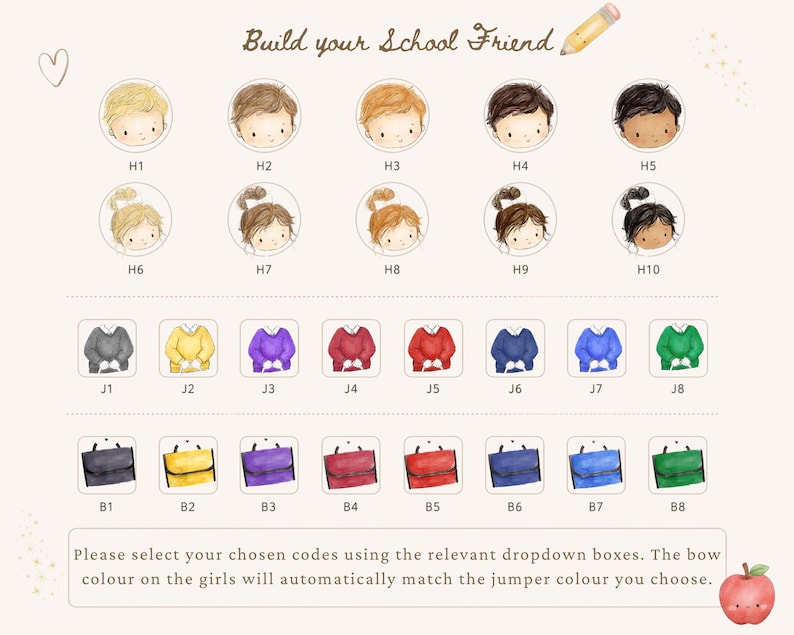 May include: A customization chart titled Build your School Friend featuring ten illustrated heads labeled H1-H10, eight sweaters labeled J1-J8 in various colors, and eight school bags labeled B1-B8. Text includes Please select your chosen codes.