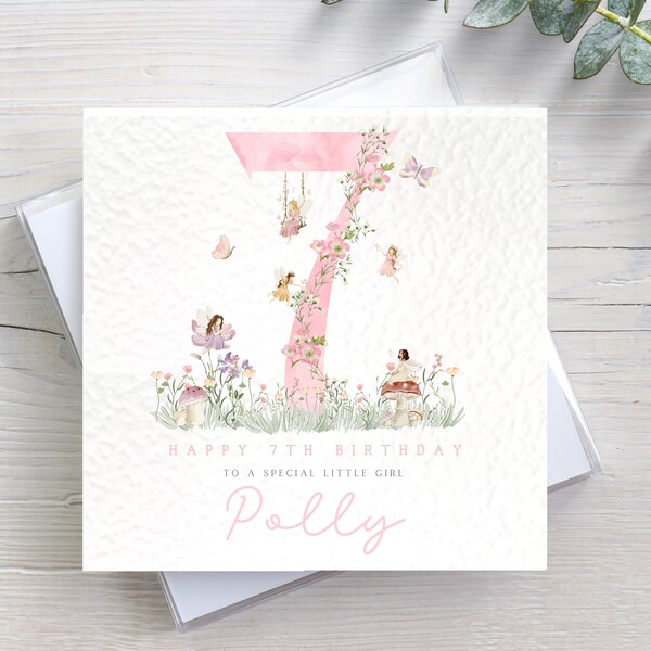 Personalised Flower Fairy 7th Birthday Card for girl Daughter Granddaughter Sister Niece Goddaughter Fairy Flower 7th birthday card