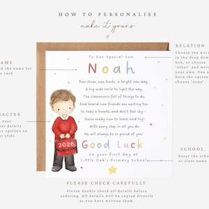 May include: A personalized greeting card featuring a watercolor illustration of a young boy in a red sweater holding a red school bag labeled 2026. The card includes the text To Our Special Son Noah, a poem about the first day of school, and Good Luck.