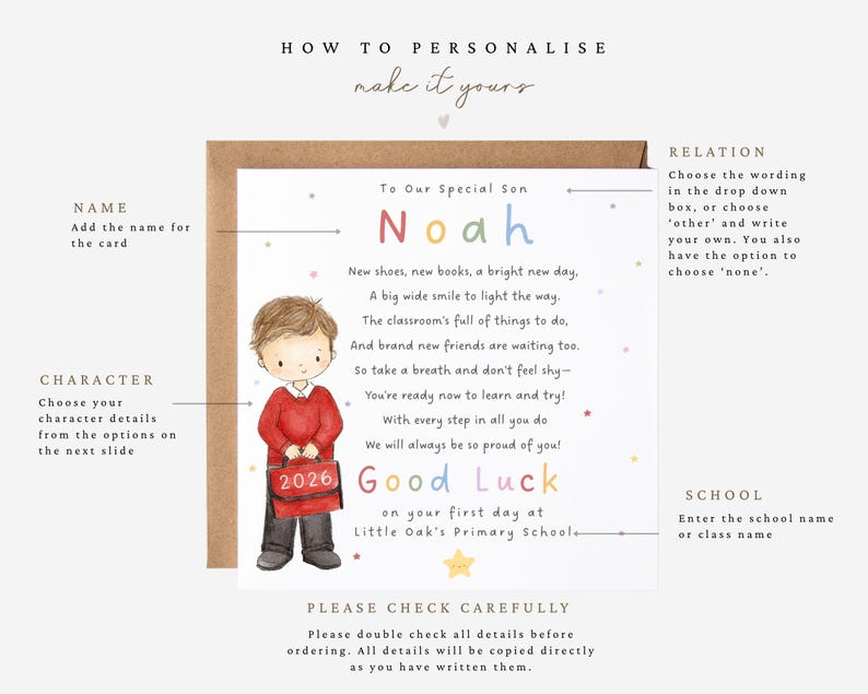 May include: A personalized greeting card featuring a watercolor illustration of a young boy in a red sweater holding a red school bag labeled 2026. The card includes the text To Our Special Son Noah, a poem about the first day of school, and Good Luck.