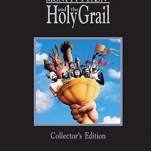 May include: A DVD cover for Monty Python and the Holy Grail Collector's Edition. The black background features a central illustration of a large golden chalice held by a giant hand, containing several figures and castle towers against a blue sky.