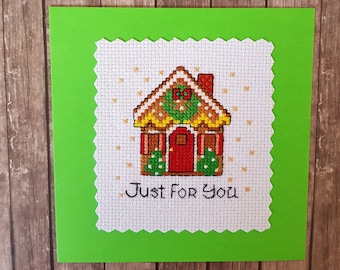 Cross stitched christmas card, gingerbread house christmas card, christmas greeting card, cross stitched gingerbread house,  christmas card