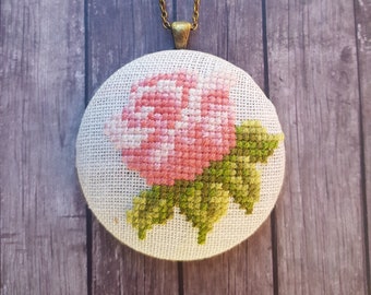 Cross stitched rose necklace, Cross stitched Rose pendant, Hanmade jewellery, Christmas gift, Mother's Day gift, Anniversary gift