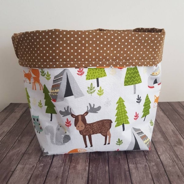 Woodland animals fabric bin, Fabric basket, Flower pot cover, Fabric storage, Nursery decor, Diaper Organizer,Baby Shower gift