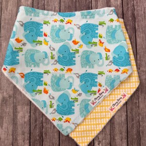 Set of two baby bandana bibs, Baby boy bandana bib set, Elephants and check bandana bibs, Baby shower gift, Baby dribble accessories