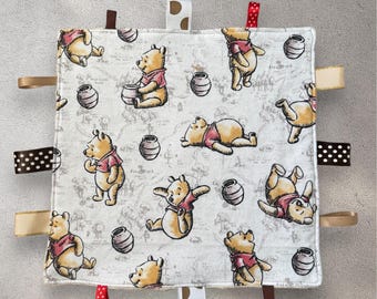 Winnie the Pooh Baby Lovey – Handmade Flanel Taggie Comfort Blanket – Organic Cotton Baby comforter