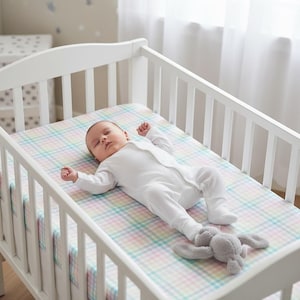 Könnte beinhalten: Ein schlafendes Baby in einem weißen Strampler liegt auf einem karierten Bettlaken in einem weißen Kinderbett. Ein graues Stoffkaninchen liegt in der Nähe der Füße des Babys. Das Kinderbett steht in der Nähe eines Fensters mit transparenten Vorhängen.