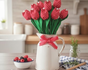 Tulipanes de tela con lunares rojos, decoración floral primaveral hecha a mano, ramo de recuerdo
