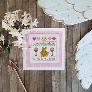 Neues Baby-Kreuzstichkarte, Glückwünsche auf Ihrem neuen Baby, Babyparty-Kreuzstichkarte, Glückwunsch-Babymädchenkarte
