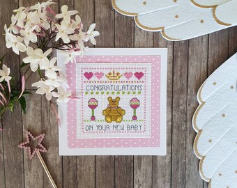 New baby girl cross stitched card, Congratulations on your new baby, baby shower cross stitched card, congratulations baby girl card