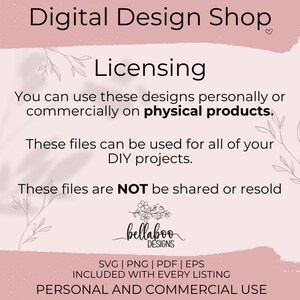 Pu&ograve; includere: Una grafica rosa e bianca con il testo "Digital Design Shop" e "Licensing" in testo nero. Il testo recita: "Puoi usare questi design personalmente o commercialmente su prodotti fisici. Questi file possono essere utilizzati per tutti i tuoi progetti fai-da-te. Questi file NON possono essere condivisi o rivenduti." La grafica include anche il testo "bellaboo DESIGNS" e "SVG | PNG | PDF | EPS INCLUSO CON OGNI ELENCO USO PERSONALE E COMMERCIALE".