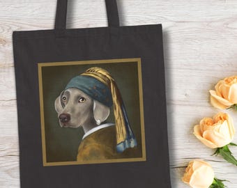 Whimsical Weim with Pearl Earring Tote Bag, Canvas Carryall, Dog Lover Gift, Artistic Shoulder Bag, Animal Print Shopper, Unique Handbag