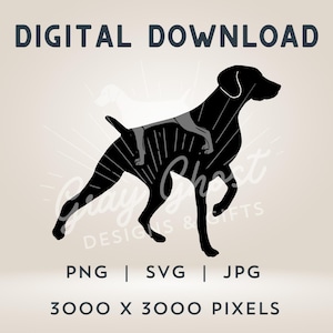 Puede incluir: Silueta en blanco y negro de un Braco Alemán de Pelo Corto en posición de carrera. La imagen es de 3000 x 3000 píxeles y está disponible como descarga digital en formato PNG, SVG o JPG.