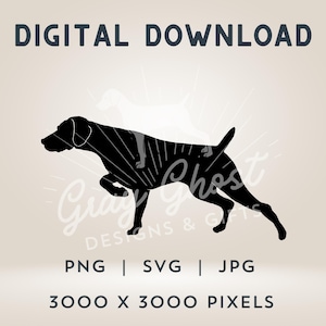 Puede incluir: Silueta negra de un Braco Alemán de Pelo Corto corriendo, con un diseño de sol blanco detrás. La imagen es de 3000 x 3000 píxeles y está disponible en formato PNG, SVG o JPG.