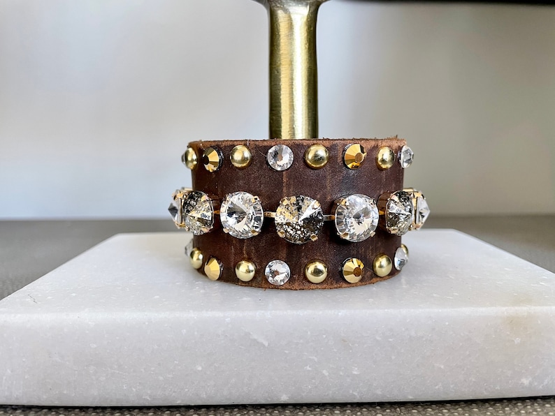 Multi crystal mega bling genuine leather cuff