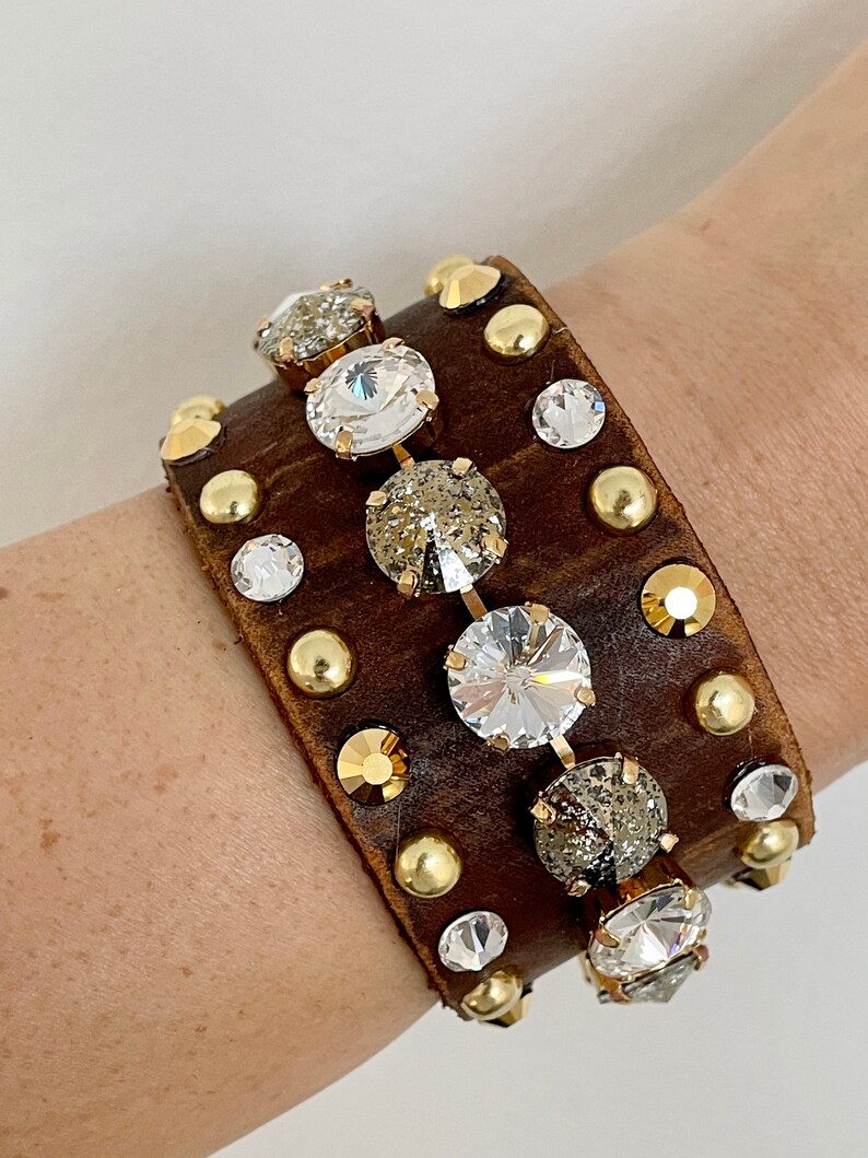 Multi crystal mega bling genuine leather cuff