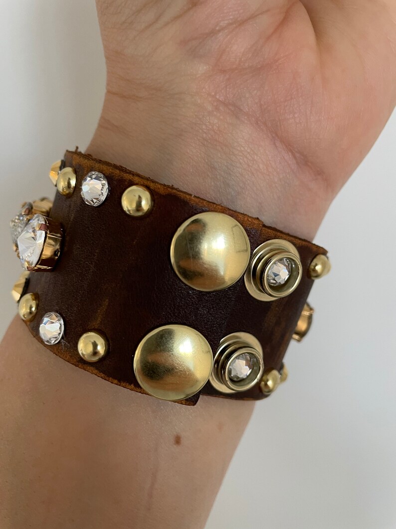 Multi crystal mega bling genuine leather cuff
