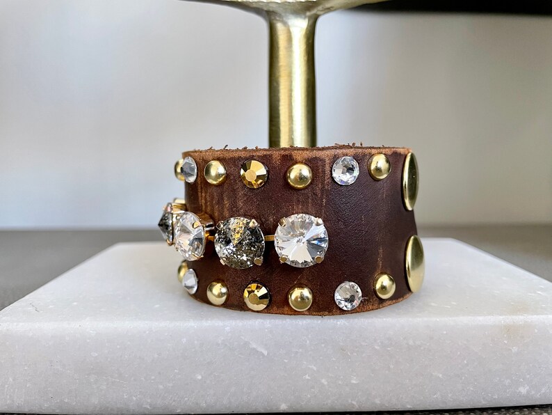 Multi crystal mega bling genuine leather cuff