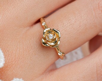 Natural Diamond Flower Ring, Unique Flower Rose Flower Ring in Solid Gold, Engagement Flower Ring, Handmade Flower Ring, Valentine Gift