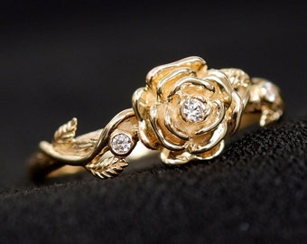 Diamond Leaf Ring, Unique Flower Ring, Rose Ring in 14K Solid Gold, Engagement Flower Ring, Flower Ring, Unique flower Anniversary Ring