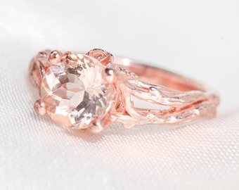7 mm Morganite Engagement Ring, Natural Inspired Engagement Ring, Morganite Floral Ring, Unique Leaf Design Anniversary Ring for Her