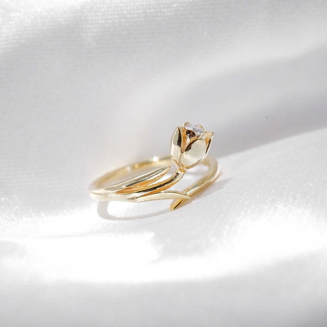 Tulip Flower Anniversary Ring, Solid Gold With Moissanite, Dainty Tulip