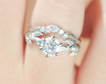 Leaf Moissanite Bridal Ring Set, Unique Moissanite Engagement Ring, Nature Inspired Bridal Ring, Flower Leaves Ring, Floral Ring for Women
