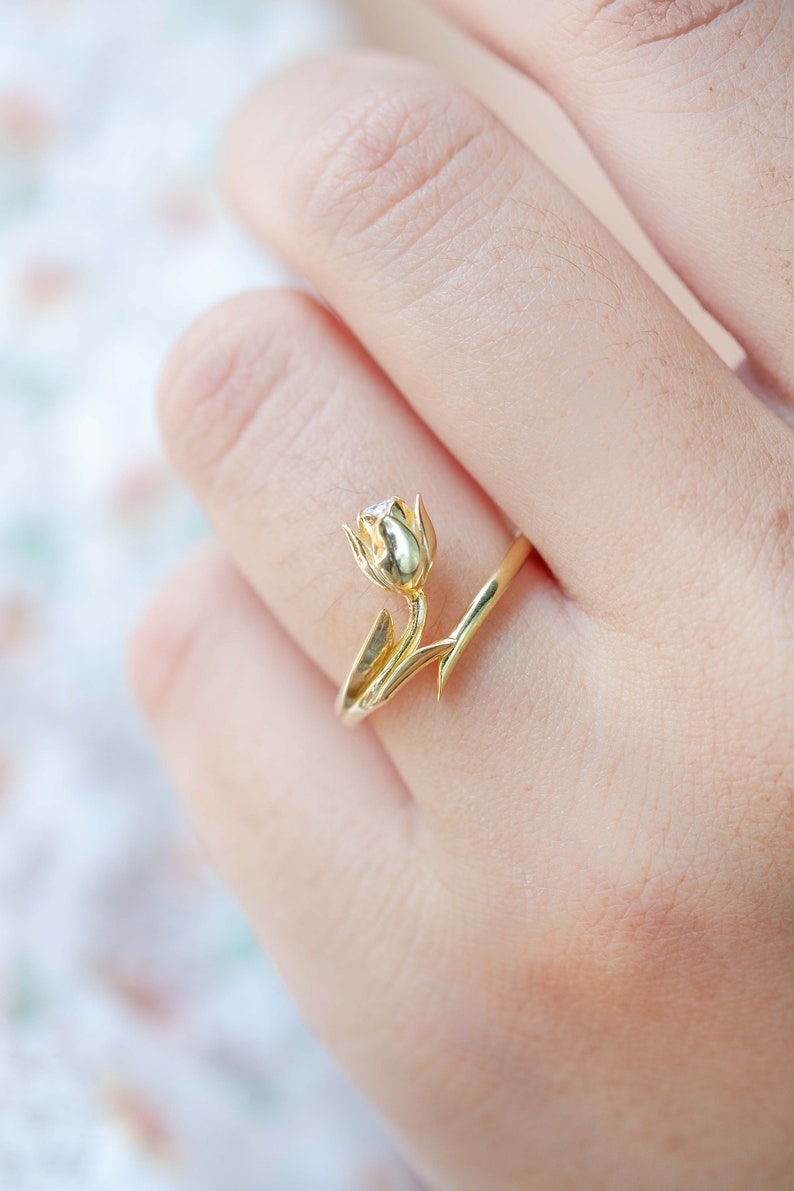 Tulip Flower Anniversary Ring, Solid Gold with Moissanite, Dainty Tulip Ring, Adjustable Ring, Tulip For Her, Unique Tulip Ring image 7