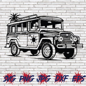 May include: Black and white illustration of a jeepney, a traditional Filipino public utility vehicle, with a palm tree on the roof. The jeepney has a sun with rays on the side, representing the Philippine flag.