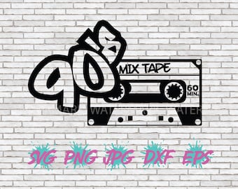 May include: Black and white graphic design of the number 90 with a cassette tape that says "Mix Tape" and "60 Min."