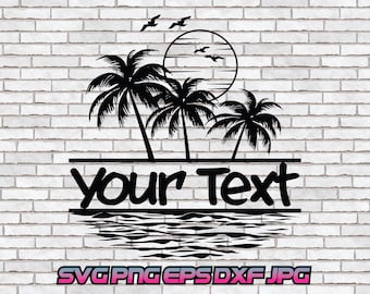 May include: Black and white silhouette of palm trees, a sun, and birds with the text "Your Text" below. The design is set against a white brick background.