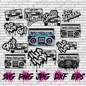 Hip Hop SVG Bundle, Old School SVG, BoomBox Svg, Retro Throwback 90s 90's 80s 80's Png Cricut Silhouette Shirt Design Microphone Rapper DJ