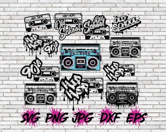 Hip Hop SVG Bundle, Old School SVG, BoomBox Svg, Retro Throwback 90s 90&#39;s 80s 80&#39;s Png Cricut Silhouette Shirt Design Microphone Rapper DJ