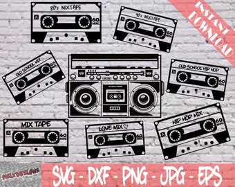 May include: A black and white illustration of a vintage boombox with cassette tapes. The tapes are labelled with different titles, including "80's Mixtape", "90's Mixtape", "Old School Mix", "Mix Tape", "Love Mix", "Old School Hip Hop", and "Hip Hop Mix".