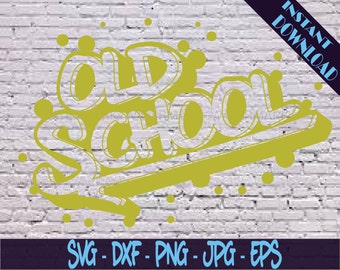 May include: A yellow graphic design with the text "Old School" in a graffiti style. The design is on a white brick background.