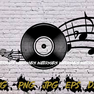 May include: Black and white illustration of a vinyl record with musical notes flowing from it. The record is centered in the image and the notes are flowing to the right. The background is a white brick wall.