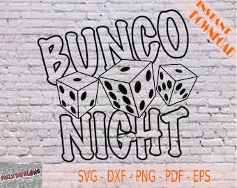 May include: Black and white illustration of the text "Bunco Night" with three dice. The dice are outlined and have dots on each side.