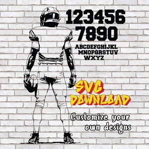 May include: Black and white illustration of a football player with numbers and letters. The words "SVG DOWNLOAD" are in yellow and red. Text reads "Customise your own designs."
