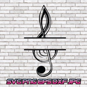 May include: Black musical treble clef design with a split horizontal line. The design is on a white brick wall background. The bottom of the image has the text "SVG PNG EPS DXF JPG" in a gradient color.