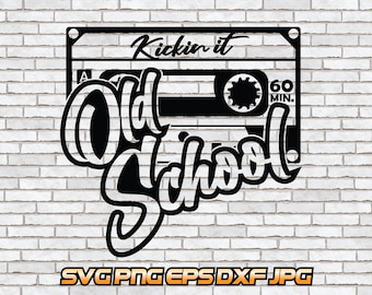 May include: Black and white graphic design of a cassette tape with the text "Kickin' it Old School" and "60 MIN.".