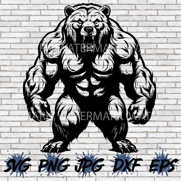 Grizzly Bear SVG, Muscle Scary Bear Png, Black Bear, Silhouette Cricut Cut File Download Outline Face Head Logo Sports Team Workout Graphics