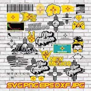 May include: A collection of New Mexico-themed graphics and text elements, including the state flag, license plates, and the words "New Mexico" in various styles. The image also includes a woman with sunglasses and a yellow bandana.