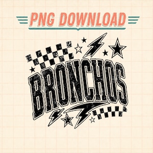 Pode incluir: Um design gráfico digital apresentando a palavra BRONCHOS em uma fonte preta ousada e desgastada. O design inclui padrões de xadrez em preto e branco, formas de raios e vários ícones de estrelas dispostos ao redor do texto central.