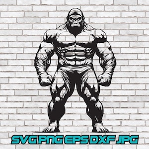 May include: Black and white illustration of a muscular gorilla standing with its arms at its sides. The gorilla has a serious expression on its face.