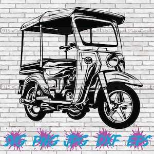 May include: Black and white illustration of a three-wheeled motorcycle with a canopy. The motorcycle has a large front wheel and two smaller rear wheels.