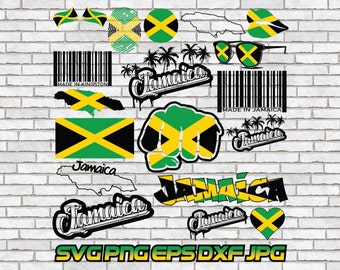 May include: A collection of digital cut files featuring the Jamaican flag, palm trees, and the word "Jamaica" in various styles. The text "SVG PNG EPS DXF JPG" is also included.