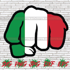 May include: A green, white, and red fist with the colors arranged in the order of the Italian flag. The fist is raised in a clenched position. The image is set against a white brick wall background.